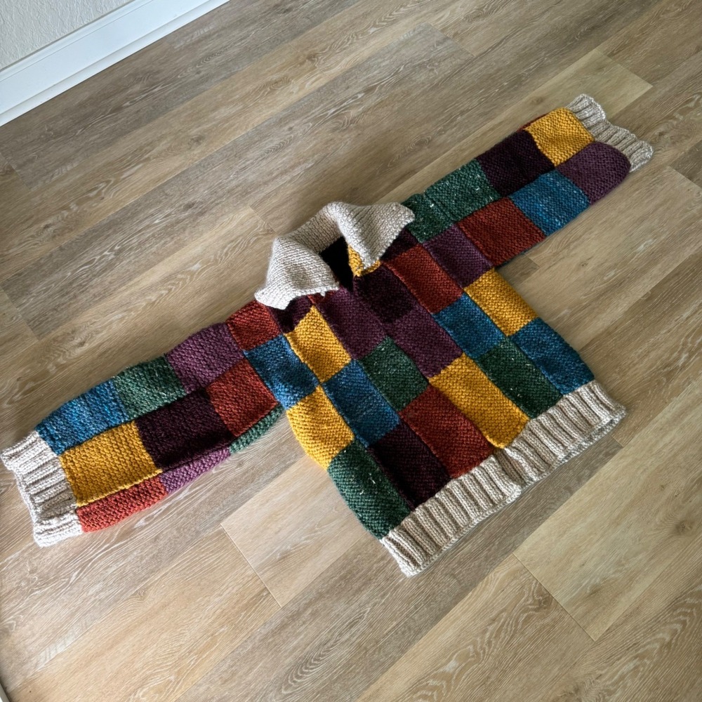 Handmade One Of A Kind Heavy Crochet Color Block Jacket Sweater Long Sleeve - Picture 10 of 16